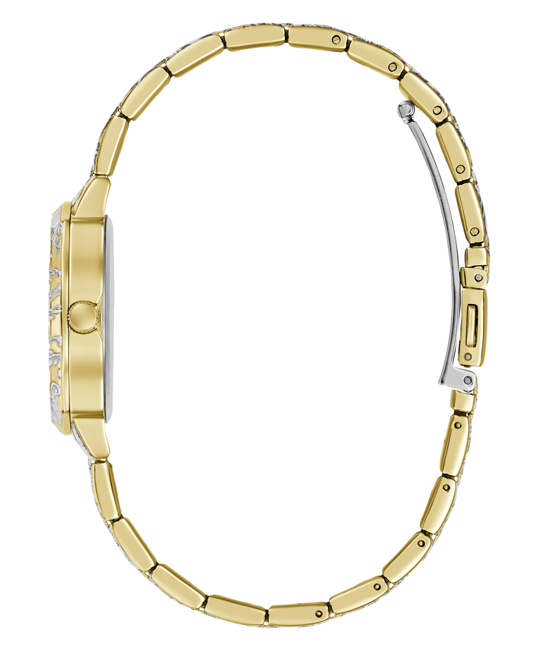 A close-up side view of a gold-tone metal link bracelet watch with a silver-toned clasp, shown on a plain white background.