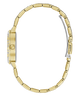 A close-up side view of a gold-tone metal link bracelet watch with a silver-toned clasp, shown on a plain white background.