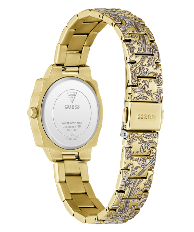 Gold-tone stainless steel watch with an ornate patterned bracelet, shown from the back on a white background. The GUESS brand logo is visible on the watch case back.