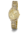 Gold-tone Guess watch with a detailed engraved link bracelet and a matching dial, shown on a clean white background.