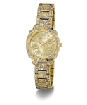 Gold-tone Guess watch with a detailed engraved link bracelet and a matching dial, shown on a clean white background.