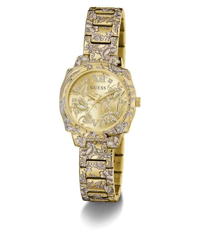 Gold-tone Guess watch with a detailed engraved link bracelet and a matching dial, shown on a clean white background.