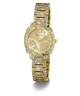 Gold-tone Guess watch with a detailed engraved link bracelet and a matching dial, shown on a clean white background.
