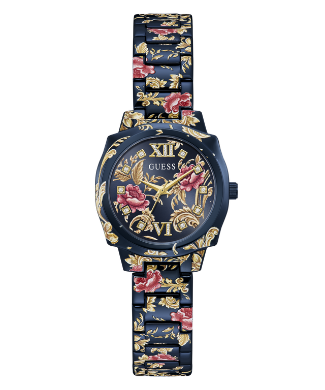 A GUESS women's watch featuring a navy blue case and link bracelet decorated with gold floral patterns and pink rose details, set against a plain white background.