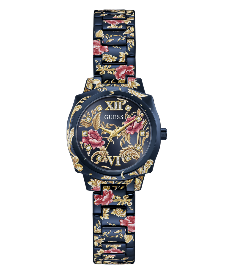 A GUESS women's watch featuring a navy blue case and link bracelet decorated with gold floral patterns and pink rose details, set against a plain white background.