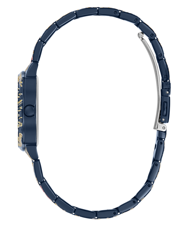 A side profile view of a watch with a dark blue ceramic link bracelet and a gold-tone case, shown against a plain white background.