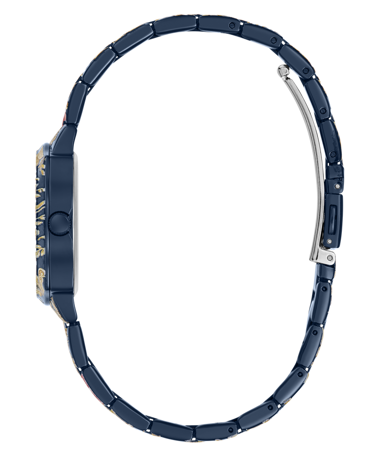 A side profile view of a watch with a dark blue ceramic link bracelet and a gold-tone case, shown against a plain white background.