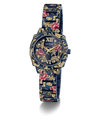 A GUESS women's watch featuring a dark blue metal case and link bracelet decorated with a gold floral pattern and red rose accents, set against a plain white background.