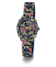 A GUESS women's watch featuring a dark blue metal case and link bracelet decorated with a gold floral pattern and red rose accents, set against a plain white background.
