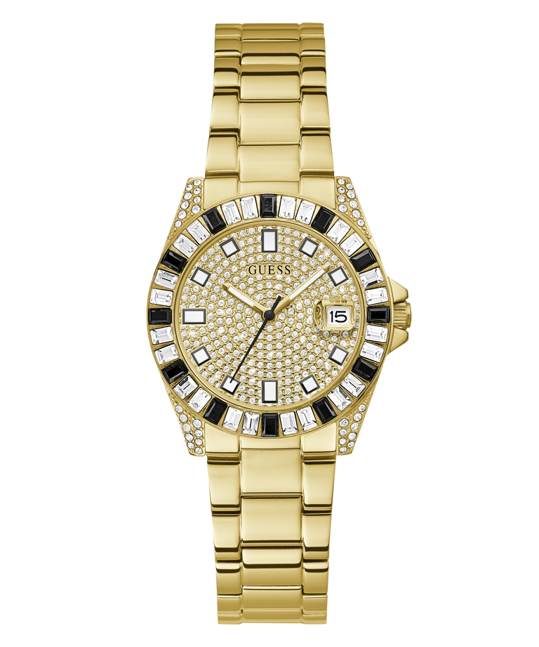 Gold-tone Guess women's watch with a diamond-encrusted dial, bezel accented with black and clear stones, and a matching gold-tone link bracelet on a white background.