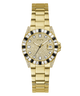 Gold-tone Guess women's watch with a diamond-encrusted dial, bezel accented with black and clear stones, and a matching gold-tone link bracelet on a white background.