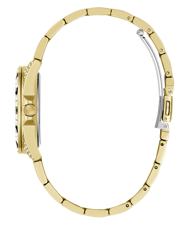 A close-up side view of a gold-tone watch bracelet with a two-tone silver clasp, set against a plain white background.
