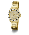Gold-tone Guess watch with a diamond-encrusted dial, bezel with black and clear stones, and a matching metal link bracelet, shown on a white background.