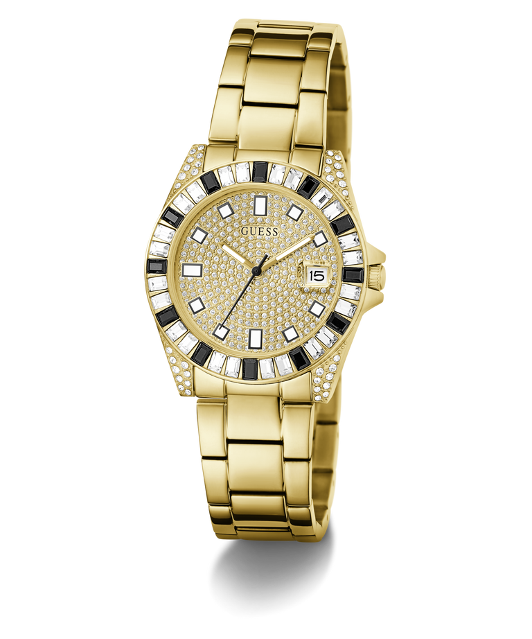 Gold-tone Guess watch with a diamond-encrusted dial, bezel with black and clear stones, and a matching metal link bracelet, shown on a white background.