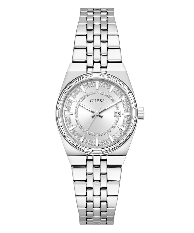 A Guess women's analog watch with a silver stainless steel link bracelet, a silver dial with crystal accents, and a date window at the 3 o'clock position, shown against a plain white background.