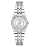 A Guess women's analog watch with a silver stainless steel link bracelet, a silver dial with crystal accents, and a date window at the 3 o'clock position, shown against a plain white background.