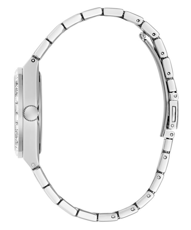 Silver-tone stainless steel watch with a matching metal link bracelet, shown from a side profile view on a plain white background.