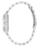 Silver-tone stainless steel watch with a matching metal link bracelet, shown from a side profile view on a plain white background.