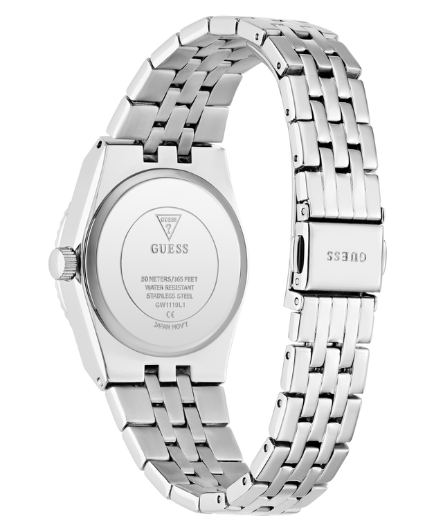 Silver stainless steel wristwatch shown from the back, featuring a matching metal link bracelet and a clear back cover with GUESS branding and technical specifications.