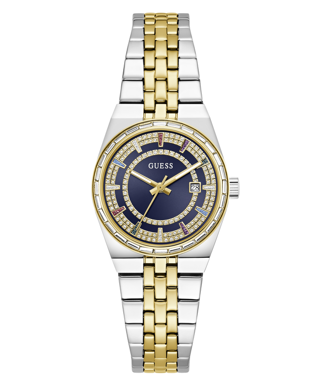 A Guess women's two-tone watch with a silver and gold-tone metal link bracelet, a blue dial, and a bezel set with small clear stones.