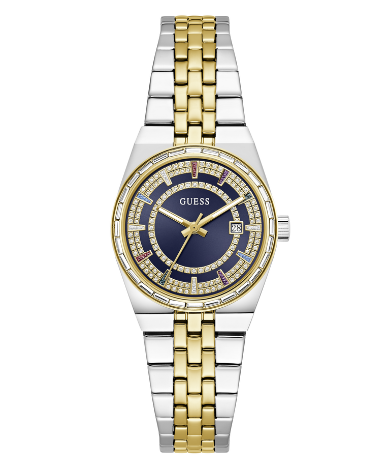 A Guess women's two-tone watch with a silver and gold-tone metal link bracelet, a blue dial, and a bezel set with small clear stones.