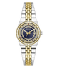 A Guess women's two-tone watch with a silver and gold-tone metal link bracelet, a blue dial, and a bezel set with small clear stones.