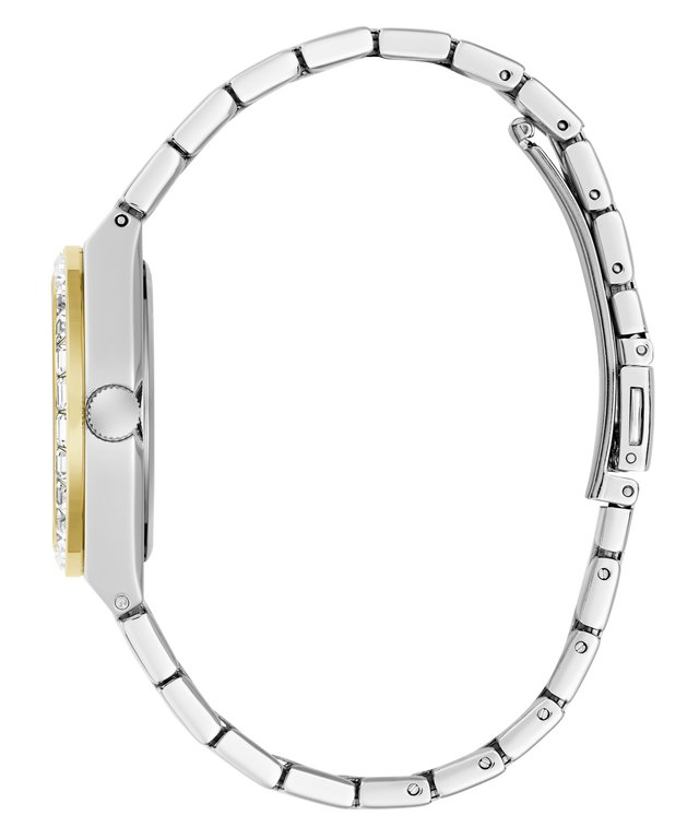 A silver-tone stainless steel watch with a two-tone yellow gold case side profile, embellished with clear pavé stones along the bezel, shown on a solid white background.