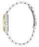 A silver-tone stainless steel watch with a two-tone yellow gold case side profile, embellished with clear pavé stones along the bezel, shown on a solid white background.