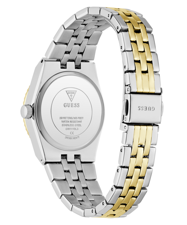 The back view of a GUESS women's analog watch with a two-tone stainless steel and yellow gold link bracelet, on a solid white background.