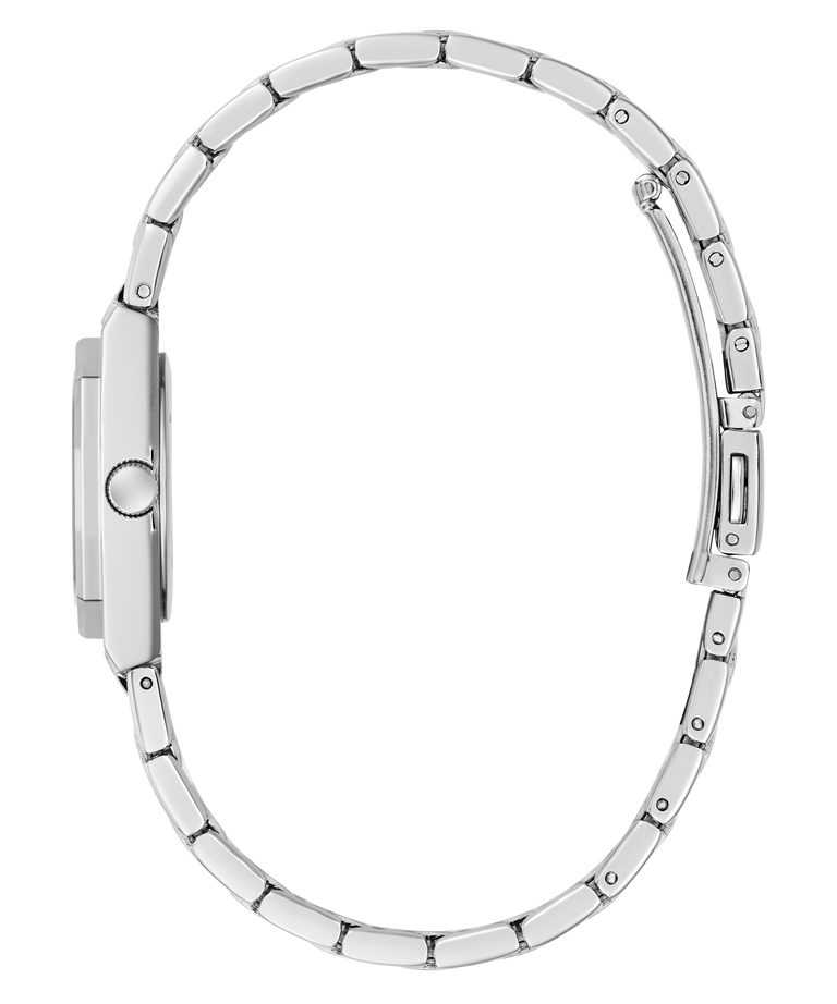 Silver stainless steel watch band with a matching silver case side profile, featuring a textured bezel and a secure clasp, shown against a solid white background.