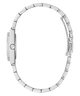 Silver stainless steel watch band with a matching silver case side profile, featuring a textured bezel and a secure clasp, shown against a solid white background.