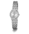 A Guess women's watch featuring a silver-tone octagonal case encrusted with clear crystals, a white dial with crystal hour markers, and a matching crystal-embellished link bracelet, shown on a white background.