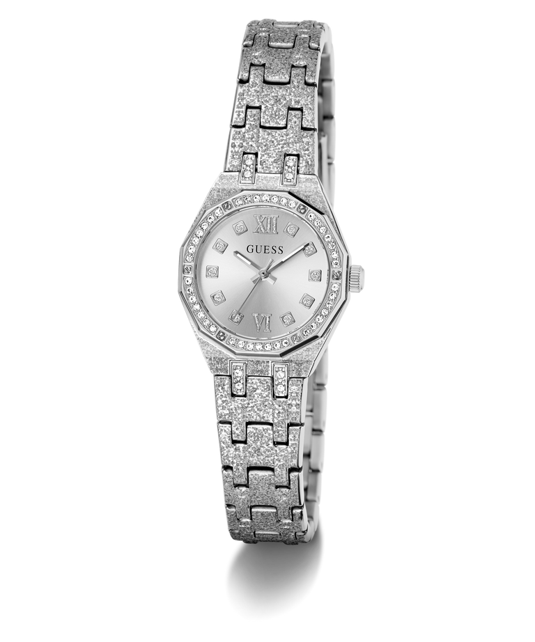 A Guess women's watch featuring a silver-tone octagonal case encrusted with clear crystals, a white dial with crystal hour markers, and a matching crystal-embellished link bracelet, shown on a white background.