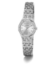 A Guess women's watch featuring a silver-tone octagonal case encrusted with clear crystals, a white dial with crystal hour markers, and a matching crystal-embellished link bracelet, shown on a white background.