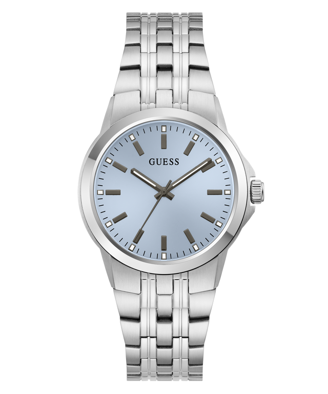 A Guess men's analog watch with a silver stainless steel link bracelet, a round silver case, and a light blue dial with dark gray hour markers and hands.