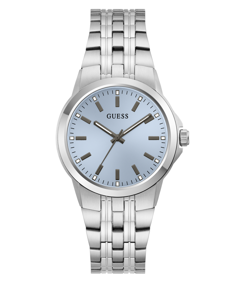A Guess men's analog watch with a silver stainless steel link bracelet, a round silver case, and a light blue dial with dark gray hour markers and hands.