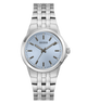 A Guess men's analog watch with a silver stainless steel link bracelet, a round silver case, and a light blue dial with dark gray hour markers and hands.