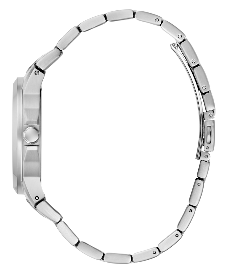 Silver stainless steel watch band with a polished metallic finish, shown from a side profile view against a solid white background.