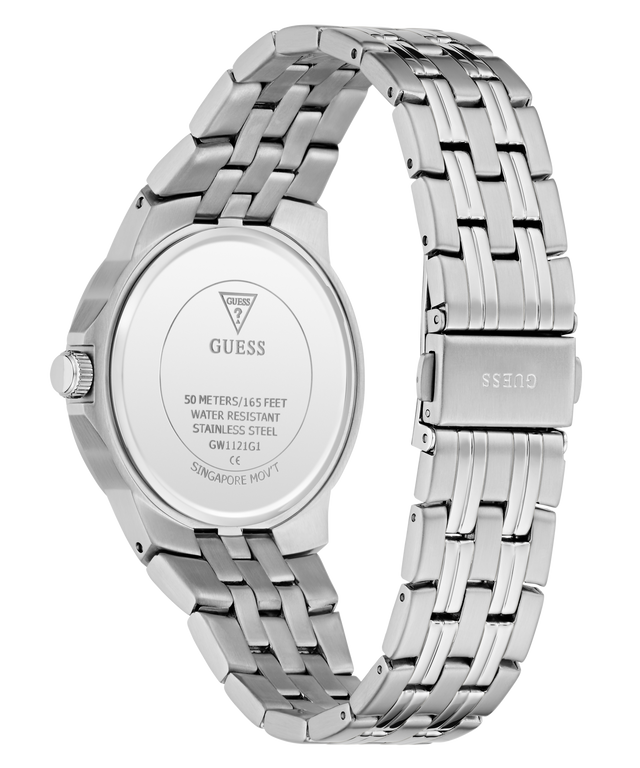Silver stainless steel wristwatch shown from the back, featuring a matching metal link bracelet and a clear back cover with GUESS branding and specifications.