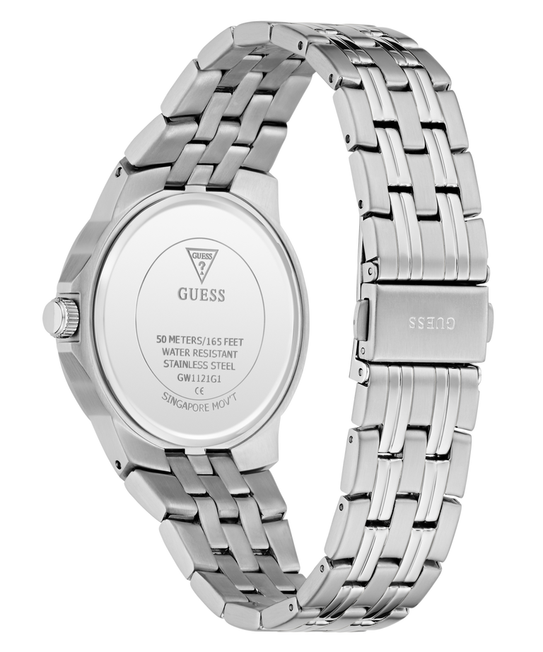 Silver stainless steel wristwatch shown from the back, featuring a matching metal link bracelet and a clear back cover with GUESS branding and specifications.