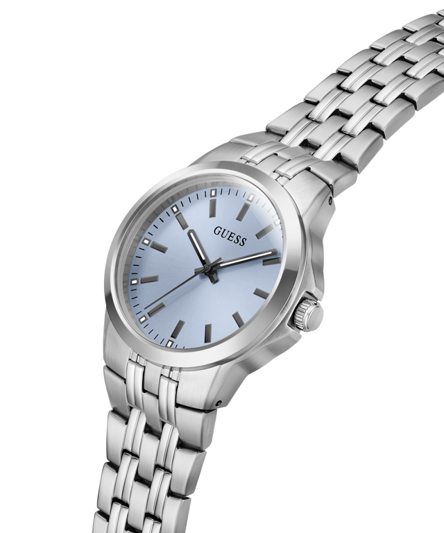 A GUESS men's watch featuring a silver stainless steel case and integrated link bracelet, with a light blue dial and black indices. lifestyle