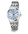 A GUESS men's analog watch featuring a stainless steel link bracelet, a round silver case, and a light blue dial with silver-tone hour markers and hands.