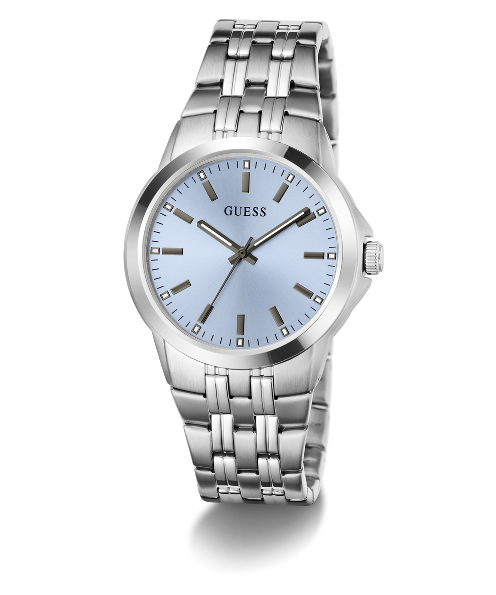 A GUESS men's analog watch featuring a stainless steel link bracelet, a round silver case, and a light blue dial with silver-tone hour markers and hands.