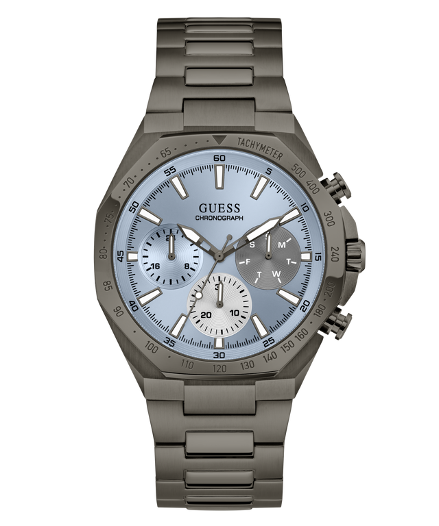 A GUESS chronograph watch with a dark gray metal bracelet and case, featuring a light blue dial with white and gray sub-dials.