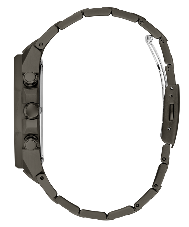 A close-up side view of a smartwatch with a dark metallic link band, showing the side buttons and a silver-toned inner clasp on a plain white background.