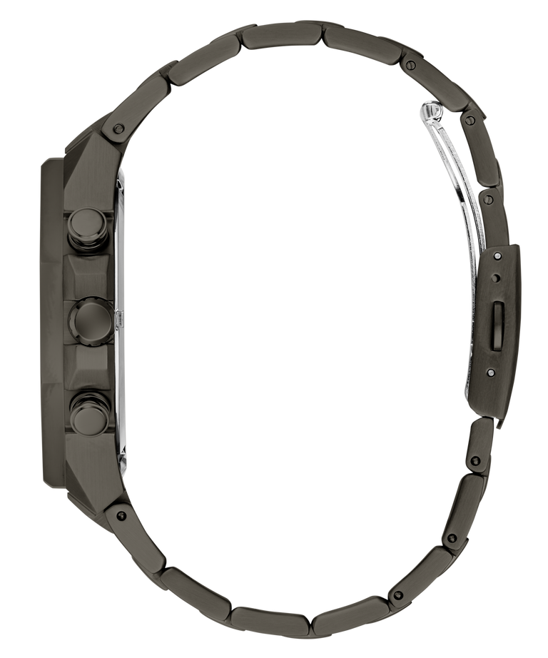 A close-up side view of a smartwatch with a dark metallic link band, showing the side buttons and a silver-toned inner clasp on a plain white background.