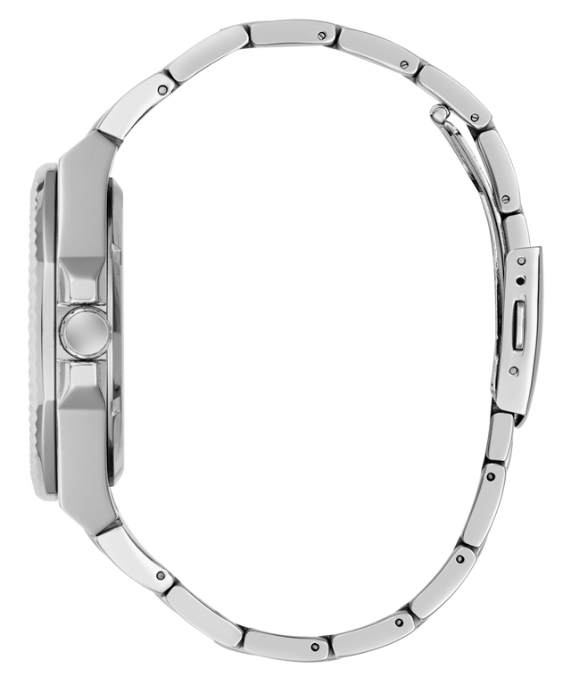A close-up side profile of a silver stainless steel watch with a matching metal link bracelet, set against a solid white background.