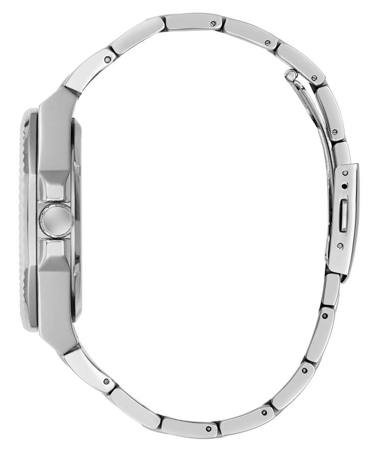 A close-up side profile of a silver stainless steel watch with a matching metal link bracelet, set against a solid white background.