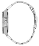 A close-up side profile of a silver stainless steel watch with a matching metal link bracelet, set against a solid white background.