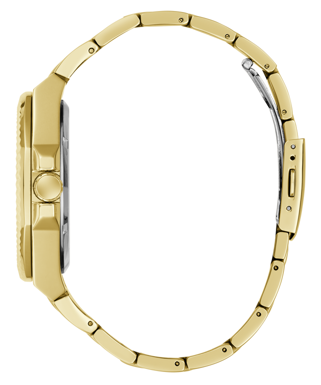 A close-up side view of a gold-tone metal watch bracelet and case, showing the crown, side lugs, and clasp mechanism on a plain white background.